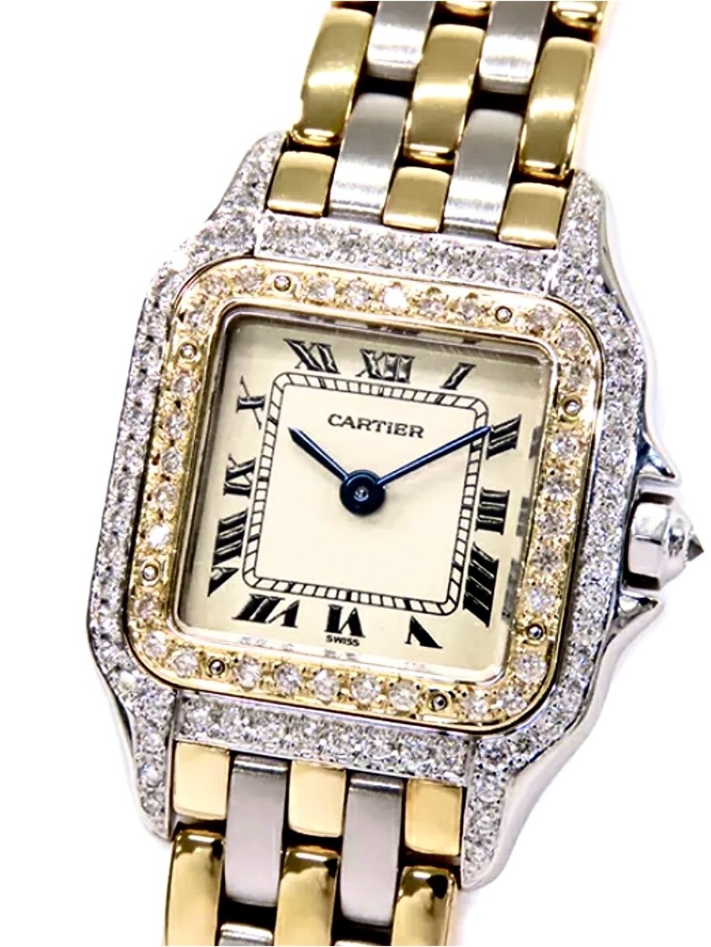 CARTIER PANTHERE 23mm Quartz 3 Row Gold 1TCW DIAMOND Watch Cream Dial